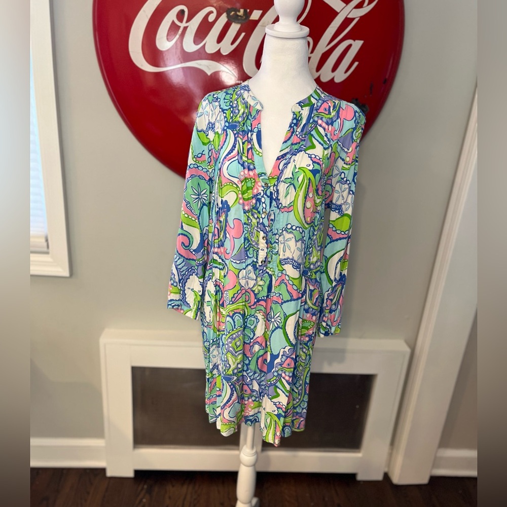 Lilly Pulitzer Tropez Tunic Dress Coverup, Conch Republic print, 3/4 sleeve, L - Picture 2 of 10